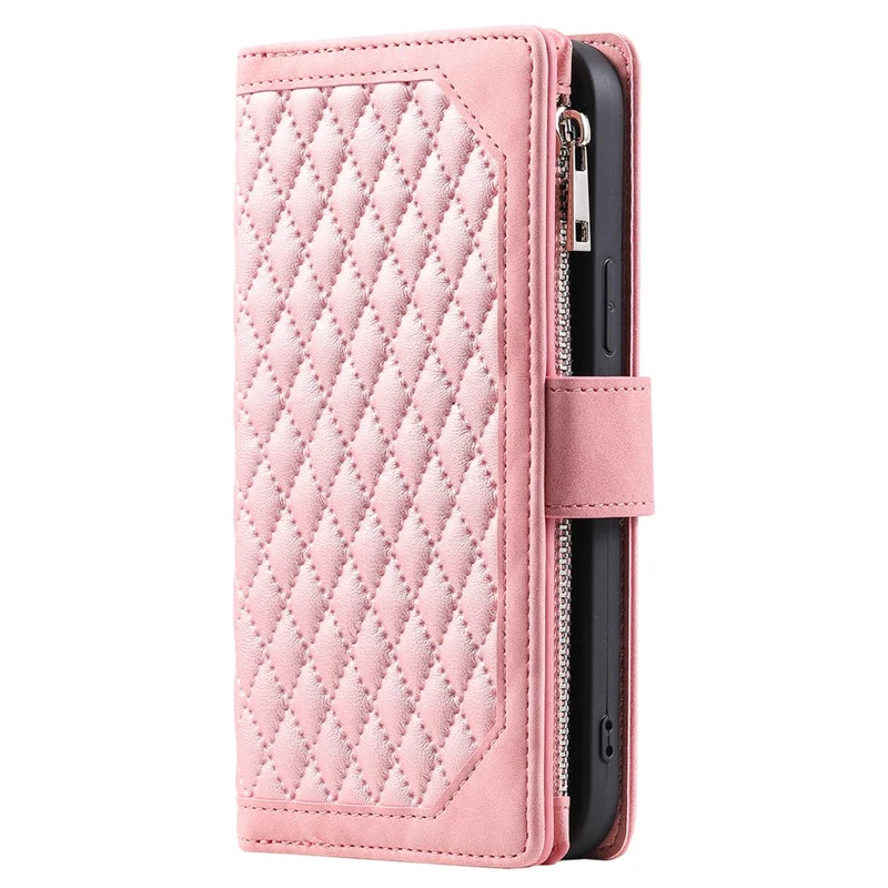 For Samsung Galaxy S24 Case Zipper Pocket Phone Leather Cover with Strap - Rose Gold