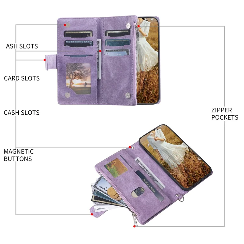 For Samsung Galaxy S24+ Leather Case Zipper Pocket Wallet Phone Cover with Strap - Purple