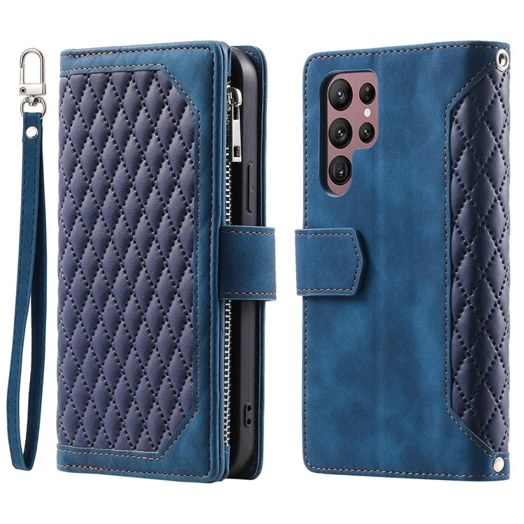 Pour Samsung Galaxy S24 Ultra Étui Poche Zippée Cuir à Motif Losange avec Sangle - Bleu
