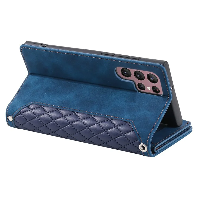 Pour Samsung Galaxy S24 Ultra Étui Poche Zippée Cuir à Motif Losange avec Sangle - Bleu