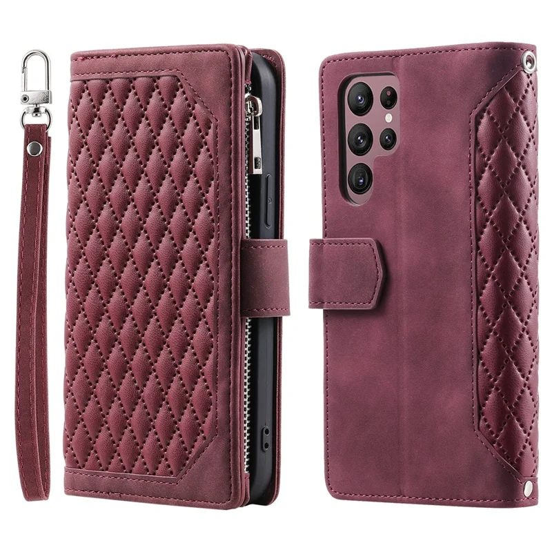 Pour étui Samsung Galaxy S24 Ultra Zipper Pocket Rhombus Leather Cover avec Sangle - Vin Rouge