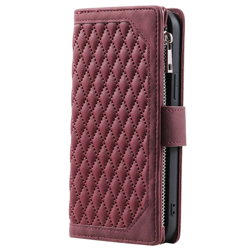 Pour étui Samsung Galaxy S24 Ultra Zipper Pocket Rhombus Leather Cover avec Sangle - Vin Rouge