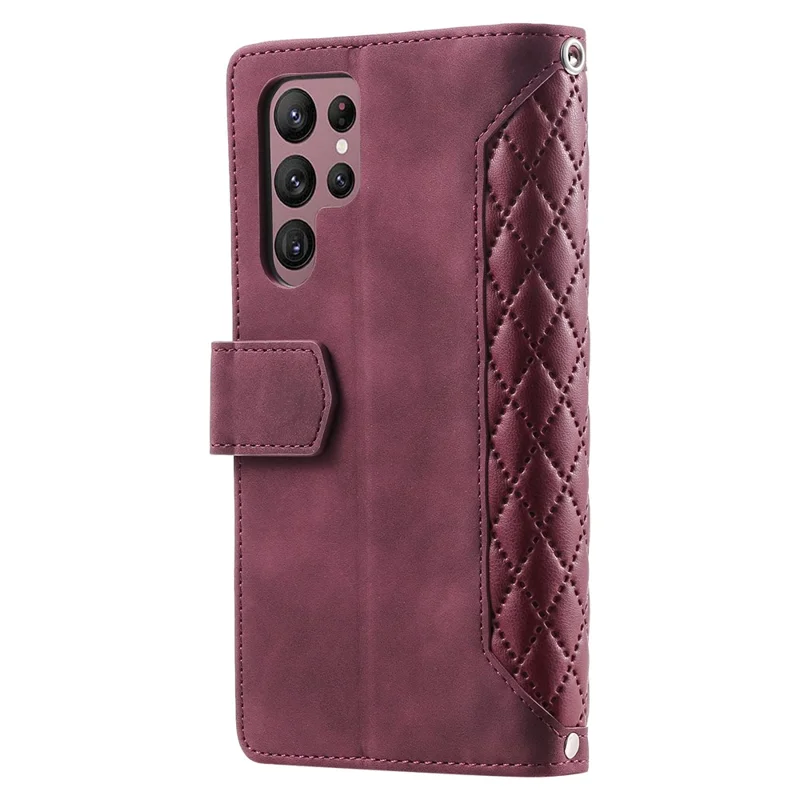 Pour étui Samsung Galaxy S24 Ultra Zipper Pocket Rhombus Leather Cover avec Sangle - Vin Rouge