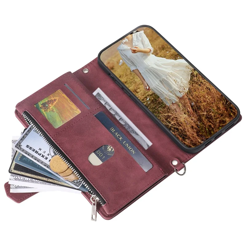 Pour étui Samsung Galaxy S24 Ultra Zipper Pocket Rhombus Leather Cover avec Sangle - Vin Rouge