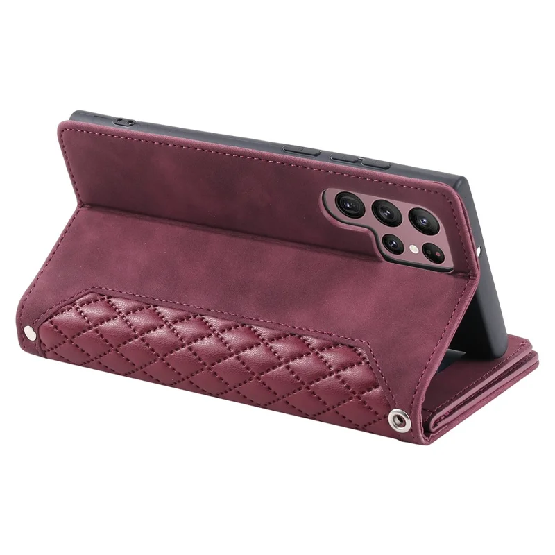Pour étui Samsung Galaxy S24 Ultra Zipper Pocket Rhombus Leather Cover avec Sangle - Vin Rouge