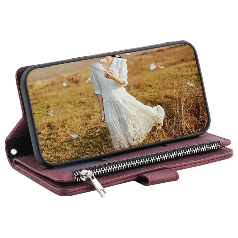 Pour étui Samsung Galaxy S24 Ultra Zipper Pocket Rhombus Leather Cover avec Sangle - Vin Rouge