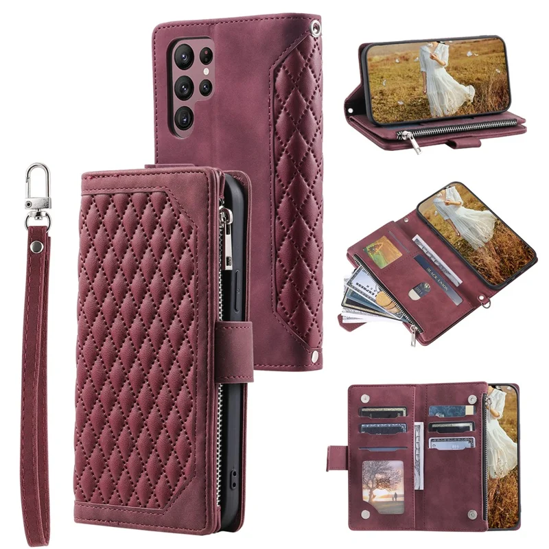 Pour étui Samsung Galaxy S24 Ultra Zipper Pocket Rhombus Leather Cover avec Sangle - Vin Rouge