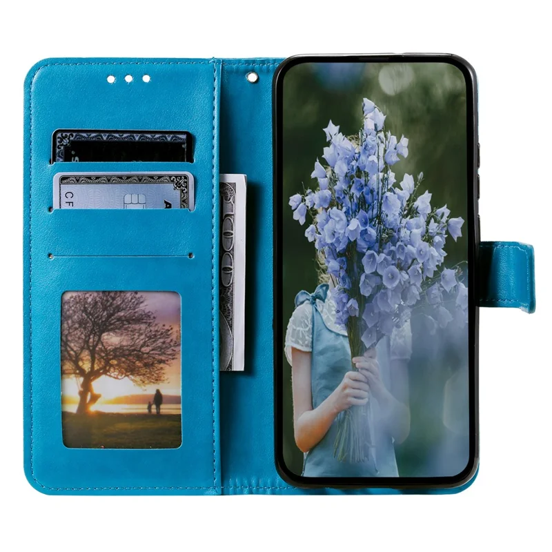 For Samsung Galaxy S24 Leather Case Mandala Flower Wallet Cover with Strap - Blue