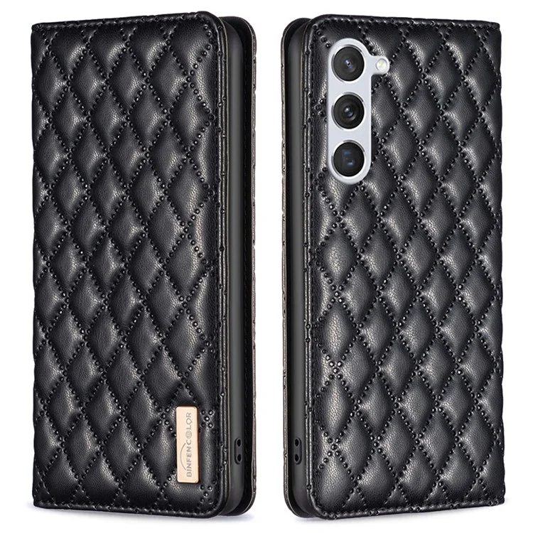 BINFEN COLOR BF Style-16 For Samsung Galaxy S25 / S24 Case PU Leather Rhombus Design Phone Cover - Black