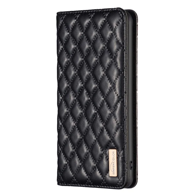 BINFEN COLOR BF Style-16 For Samsung Galaxy S25 / S24 Case PU Leather Rhombus Design Phone Cover - Black