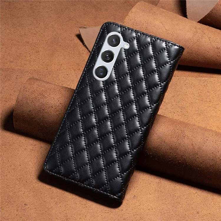 BINFEN COLOR BF Style-16 For Samsung Galaxy S25 / S24 Case PU Leather Rhombus Design Phone Cover - Black