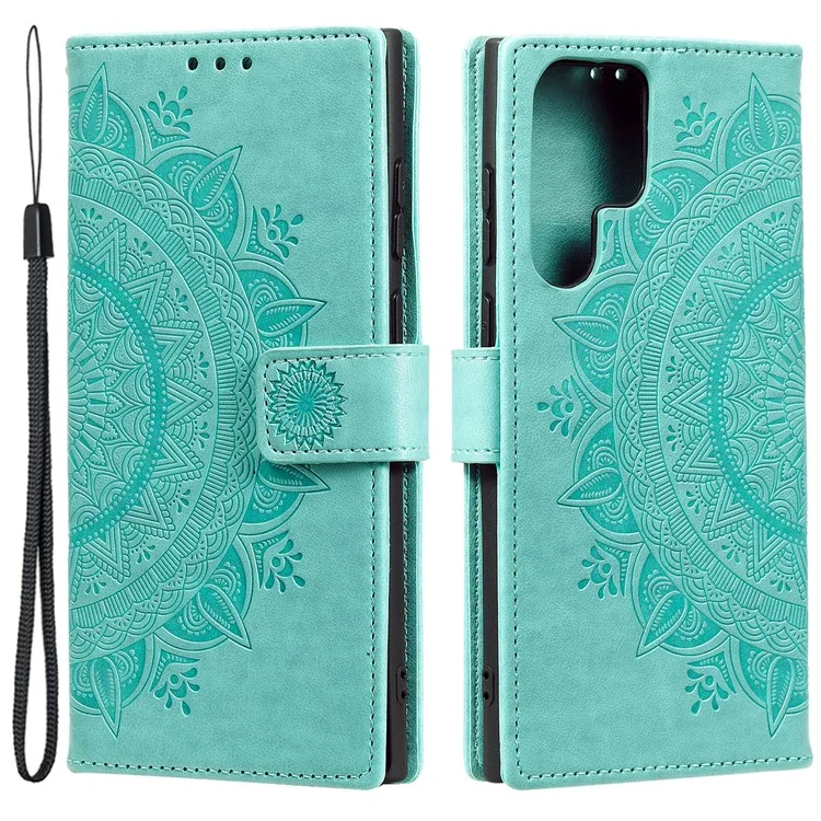 Pour Samsung Galaxy S24 Ultra Case Étui en cuir PU Mandala Flower Stand Cover avec Sangle - Vert