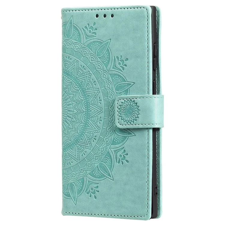 Pour Samsung Galaxy S24 Ultra Case Étui en cuir PU Mandala Flower Stand Cover avec Sangle - Vert