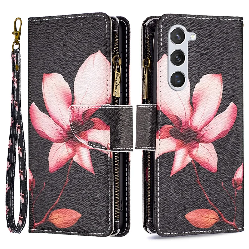 BF03 Leather Cover for Samsung Galaxy S25 / S24 Case with Zipper Wallet Stand - Pink Flower