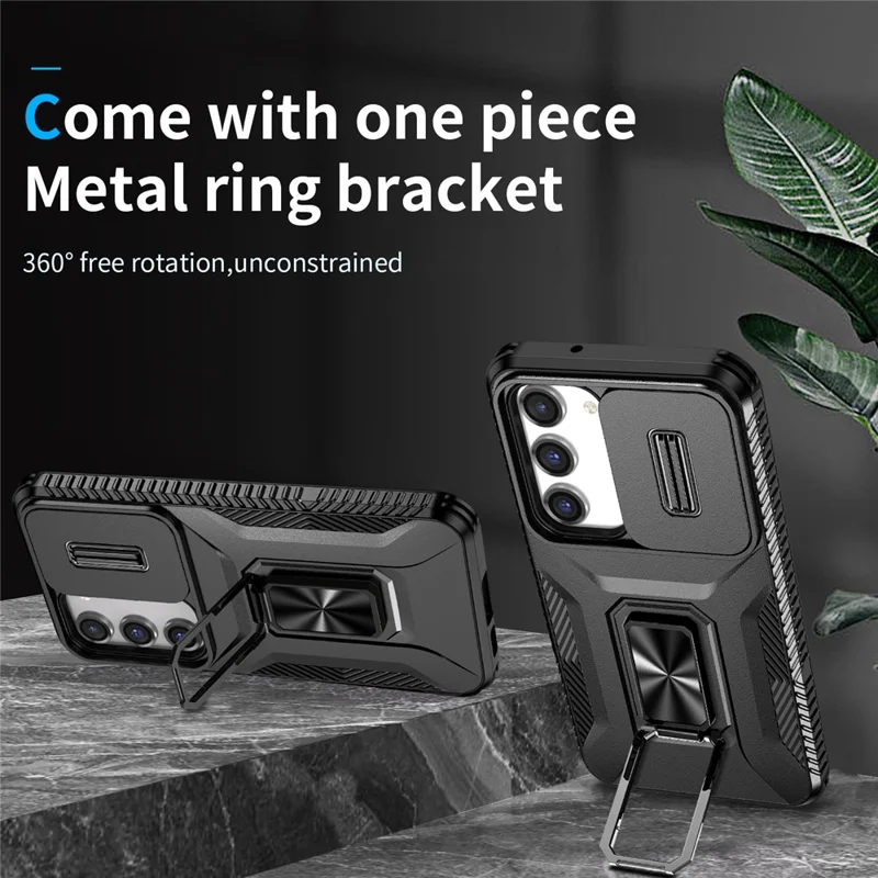 For Samsung Galaxy S23 Case Slide Lens Lid PC+TPU Phone Kickstand Cover - Black