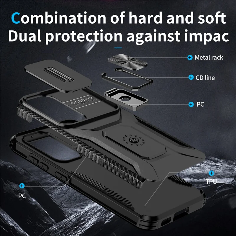 For Samsung Galaxy S23 Case Slide Lens Lid PC+TPU Phone Kickstand Cover - Black