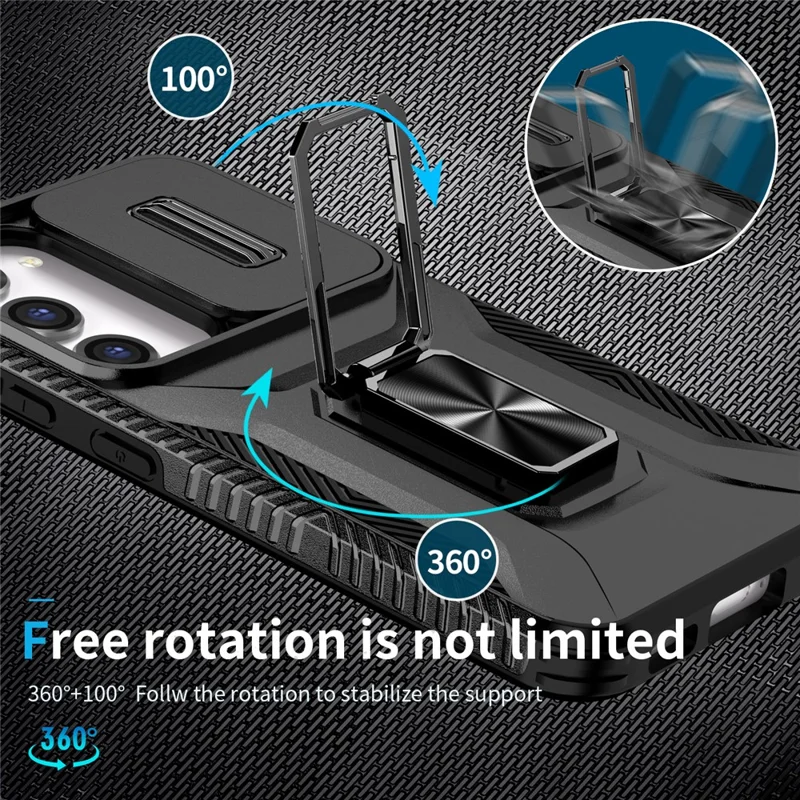 For Samsung Galaxy S23 Case Slide Lens Lid PC+TPU Phone Kickstand Cover - Black