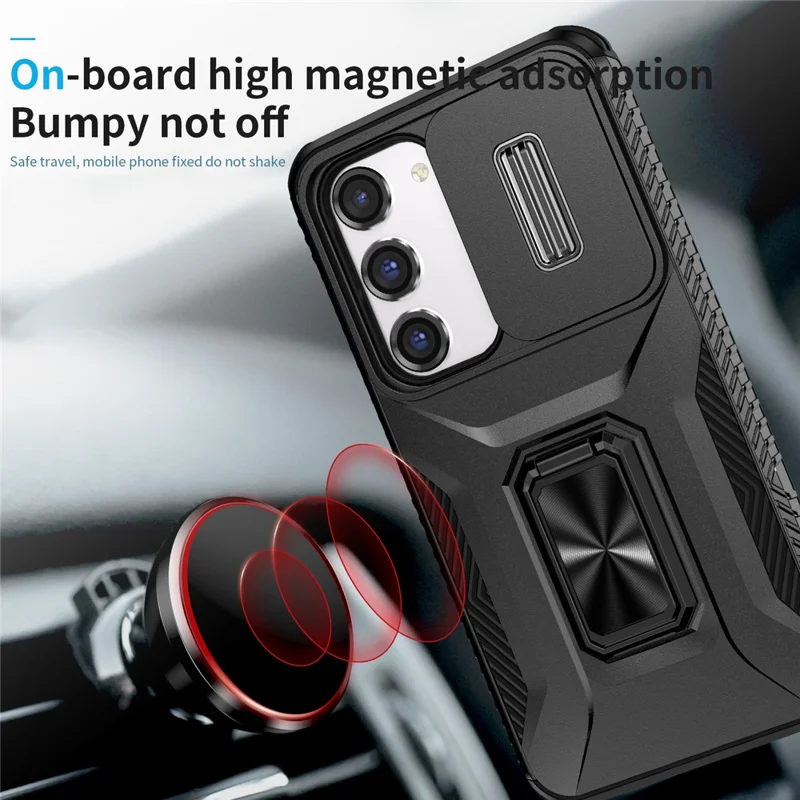 For Samsung Galaxy S23 Case Slide Lens Lid PC+TPU Phone Kickstand Cover - Black