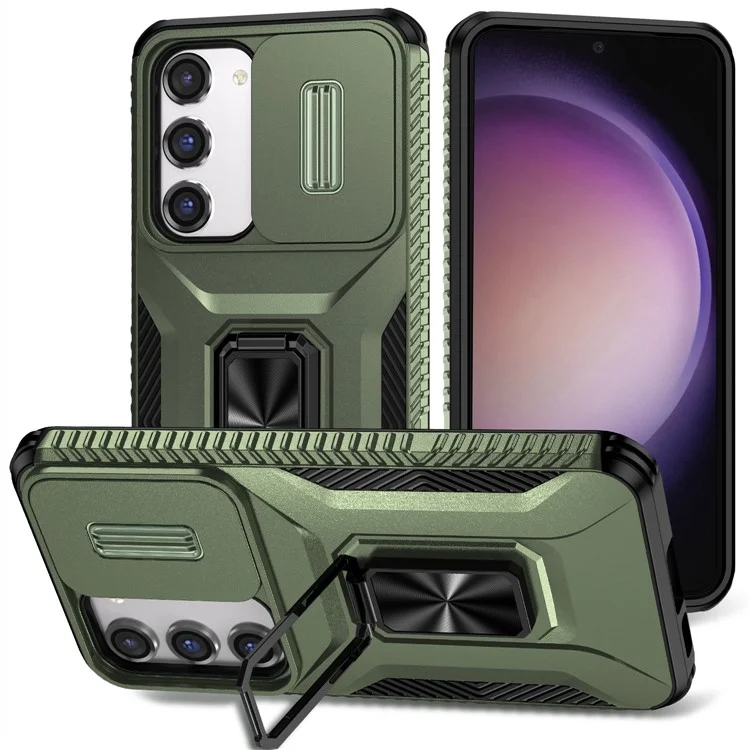 Für Samsung Galaxy S23 Case Slide Lens Lid PC+TPU Telefon Ständer Cover - Grün