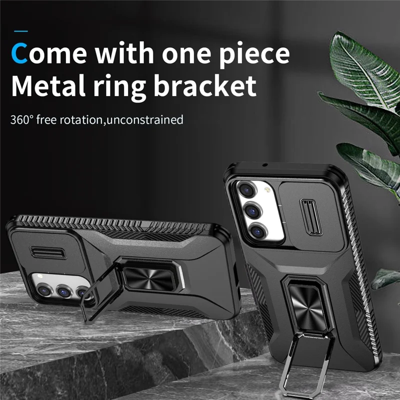 For Samsung Galaxy S23+ Case Slide Lens Lid Anti-scratch PC+TPU Phone Kickstand Cover - Black