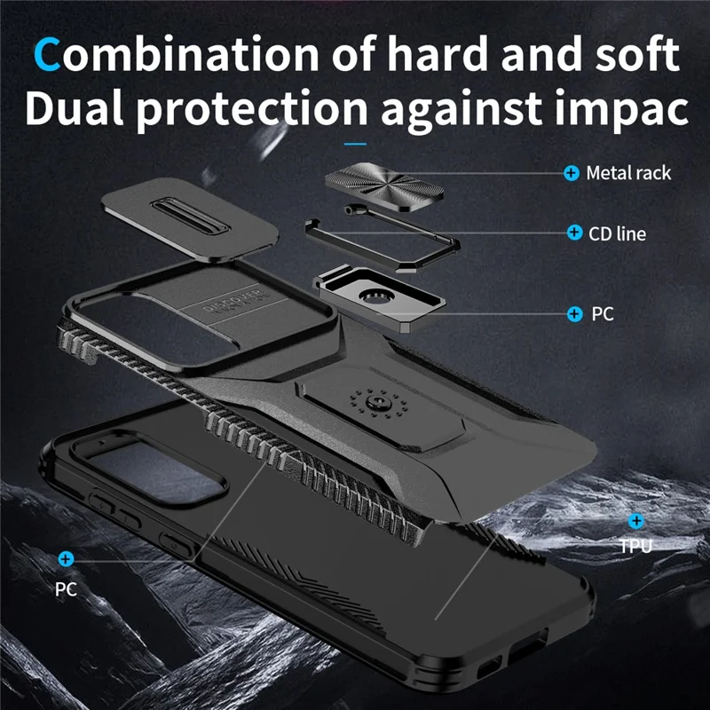 For Samsung Galaxy S23+ Case Slide Lens Lid Anti-scratch PC+TPU Phone Kickstand Cover - Black