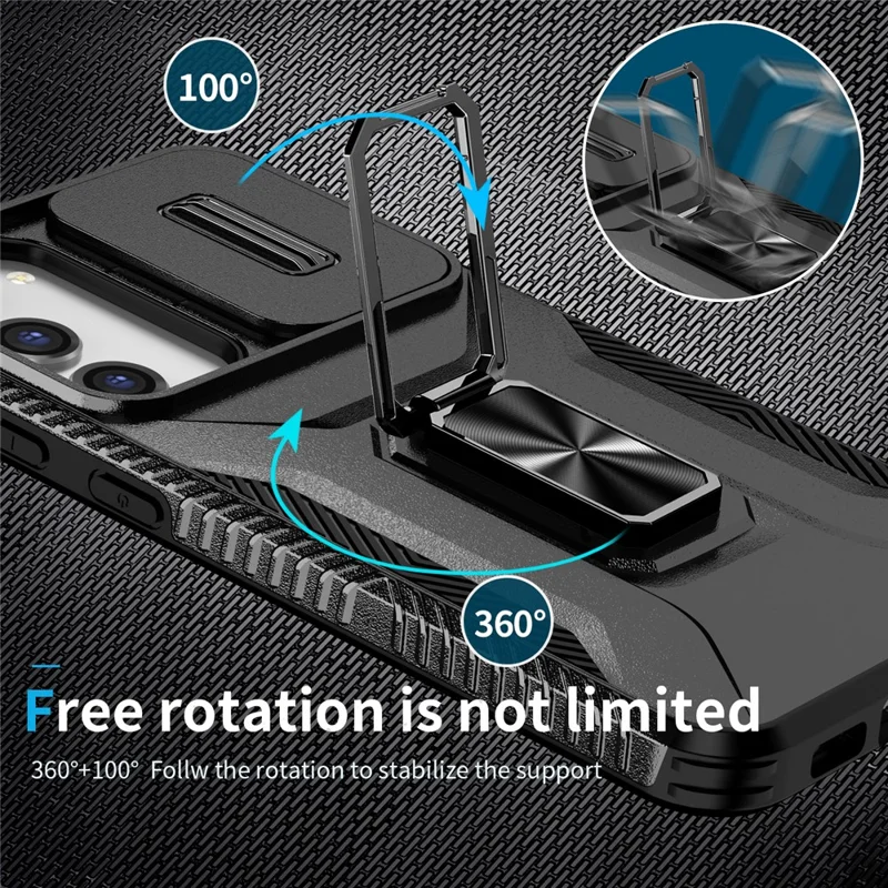 For Samsung Galaxy S23+ Case Slide Lens Lid Anti-scratch PC+TPU Phone Kickstand Cover - Black