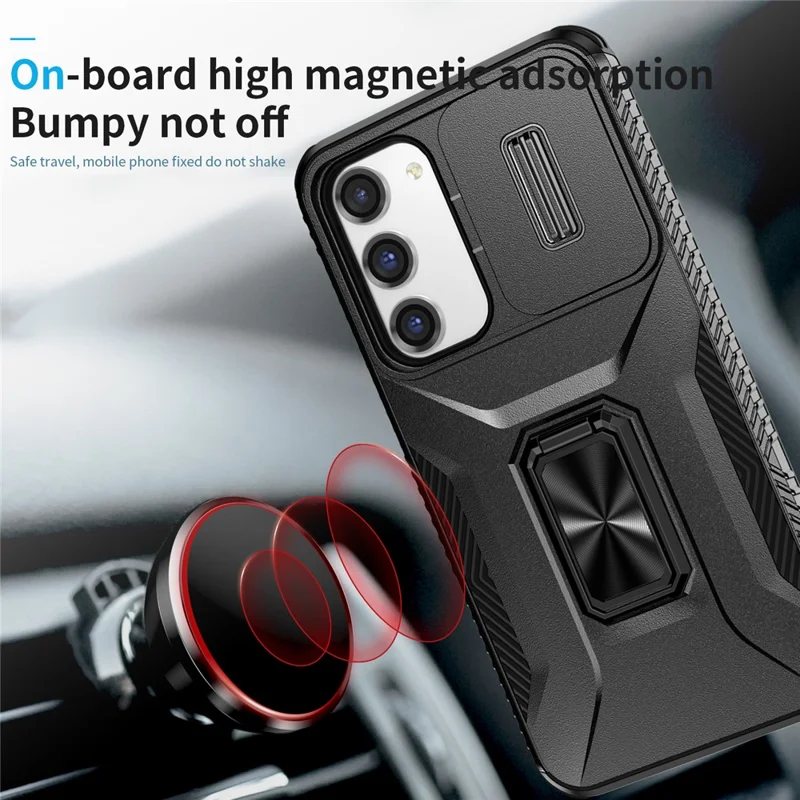 For Samsung Galaxy S23+ Case Slide Lens Lid Anti-scratch PC+TPU Phone Kickstand Cover - Black