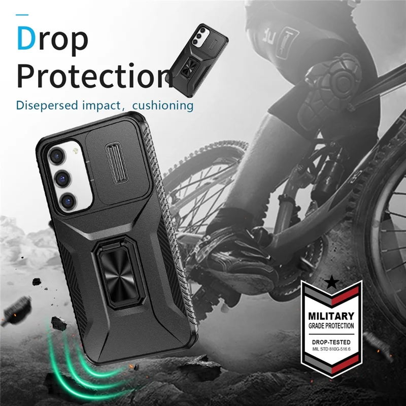 For Samsung Galaxy S23+ Case Slide Lens Lid Anti-scratch PC+TPU Phone Kickstand Cover - Black