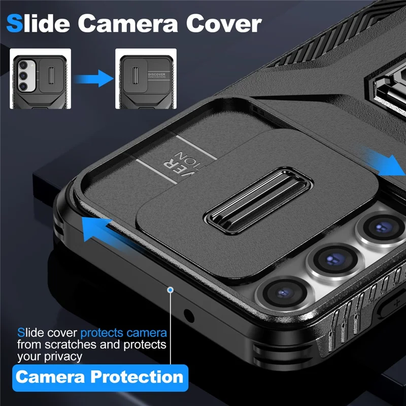 For Samsung Galaxy S23+ Case Slide Lens Lid Anti-scratch PC+TPU Phone Kickstand Cover - Black