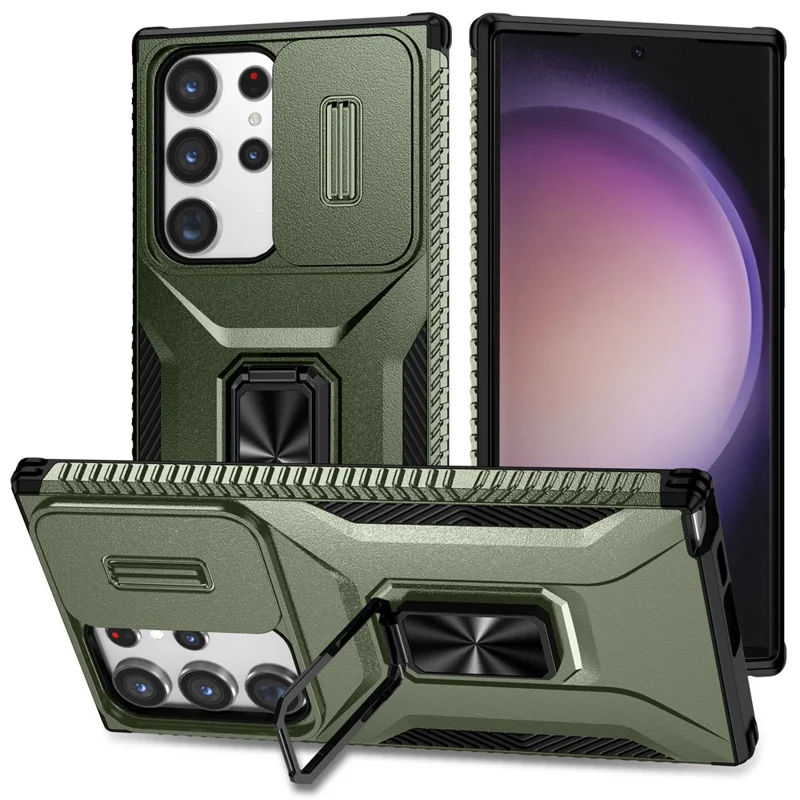 Für Samsung Galaxy S23 Ultra Case Slide Lens Lid PC+TPU Handyhülle Ständer - Grün