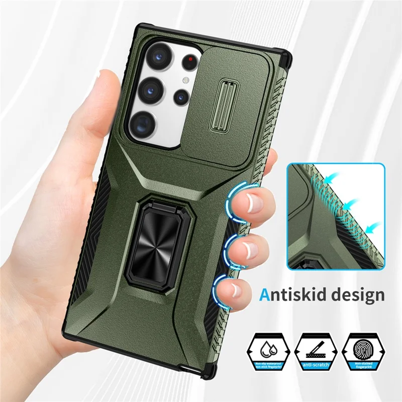 Für Samsung Galaxy S23 Ultra Case Slide Lens Lid PC+TPU Handyhülle Ständer - Grün