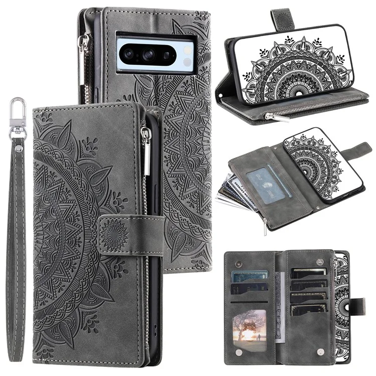 For Google Pixel 8 Pro Case Slim-Fit Phone Shell Leather Wallet Imprinted Phone Cover with Strap - Grey