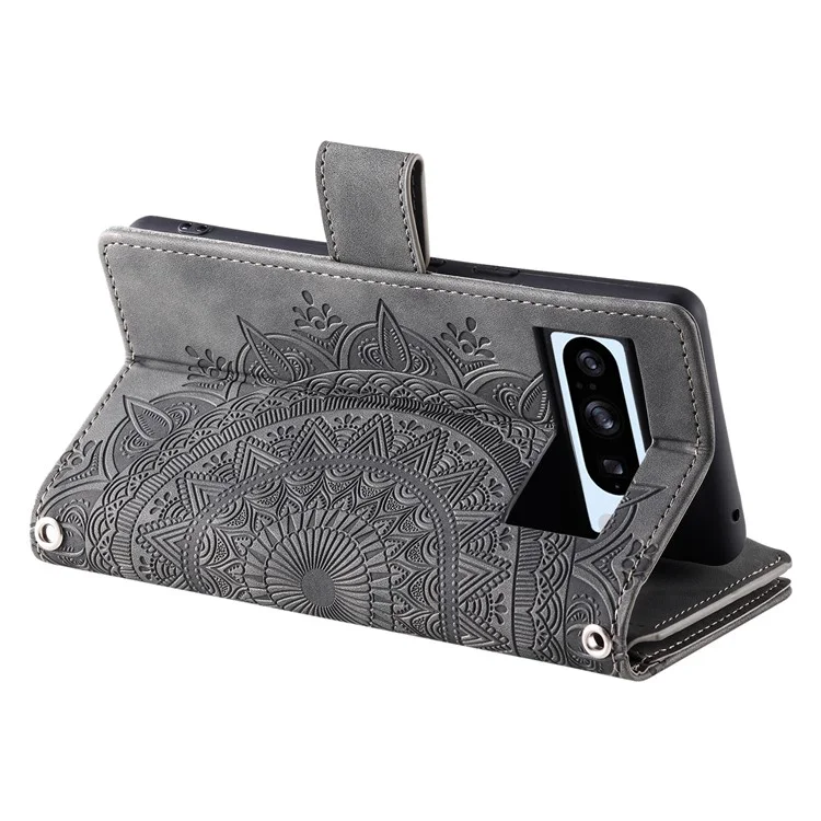 For Google Pixel 8 Pro Case Slim-Fit Phone Shell Leather Wallet Imprinted Phone Cover with Strap - Grey