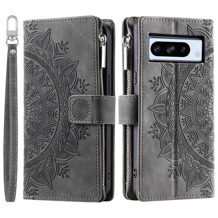 For Google Pixel 8 Pro Case Slim-Fit Phone Shell Leather Wallet Imprinted Phone Cover with Strap - Grey