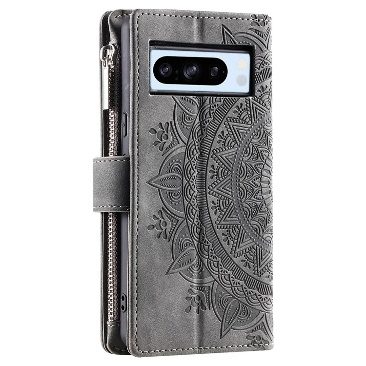 For Google Pixel 8 Pro Case Slim-Fit Phone Shell Leather Wallet Imprinted Phone Cover with Strap - Grey