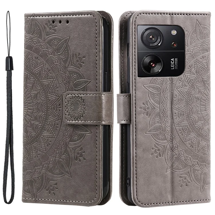 For Xiaomi 13T Pro / 13T / Redmi K60 Ultra Case Mandala Flower Imprinted Leather Cover with Strap - Grey