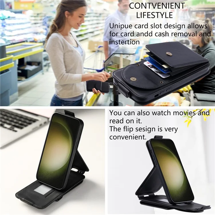 Для Samsung Galaxy S23 Ultra Case Leather+TPU Stand Cover Vertical Flip Phone Shell - Черный
