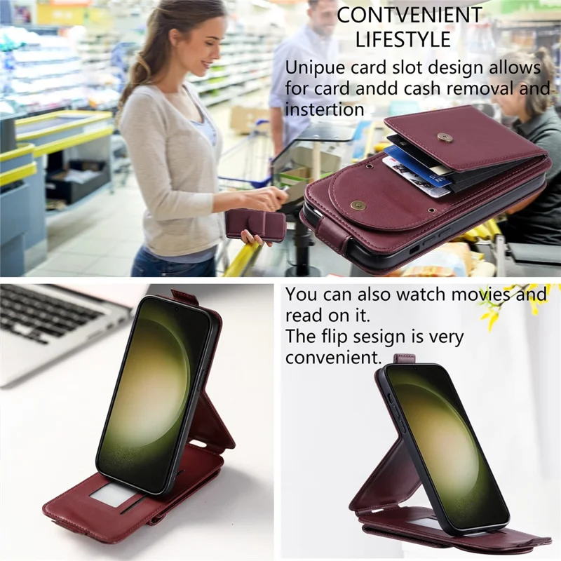 For Samsung Galaxy S23 Ultra Case Leather+TPU Stand Cover Vertical Flip Phone Shell - Wine Red