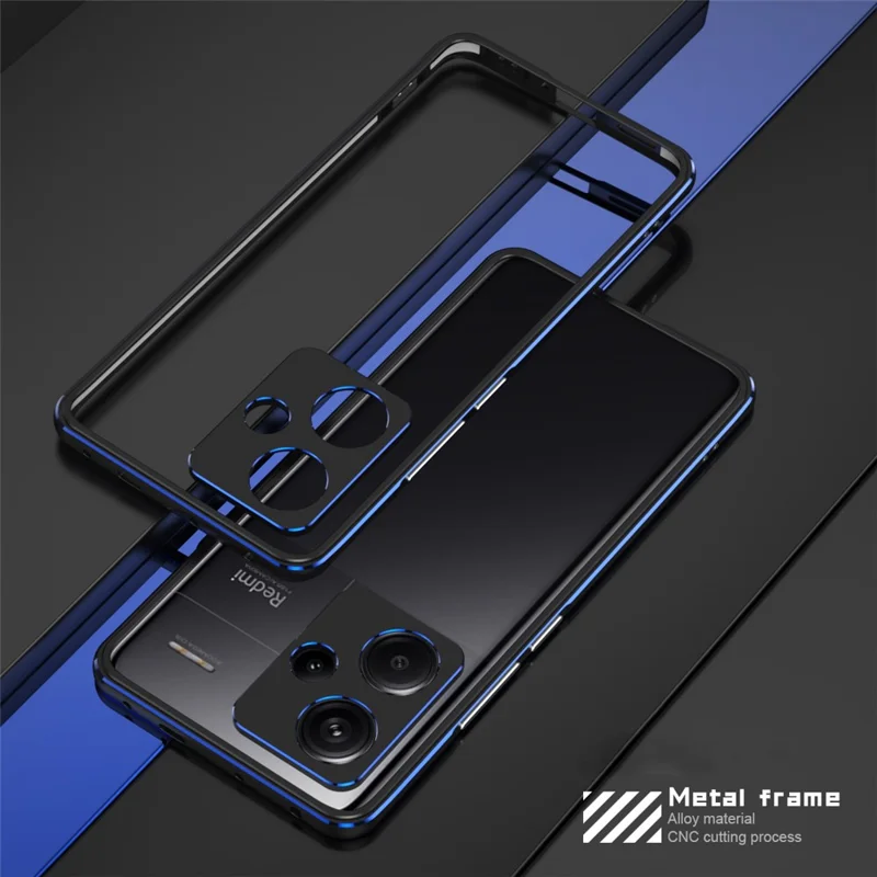 Para Xiaomi Redmi Note 13 Pro+ Bumper Case Metal Frame Bumper Cover with Camera Lens Guard - Preto / Azul