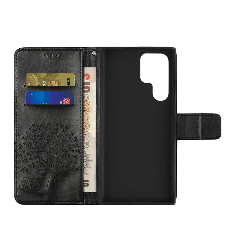 Para Samsung Galaxy S24 Ultra Case Owl Tree Imprinted PU Leather Phone Wallet Cover - Black