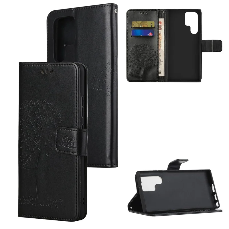 Para Samsung Galaxy S24 Ultra Case Owl Tree Imprinted PU Leather Phone Wallet Cover - Black