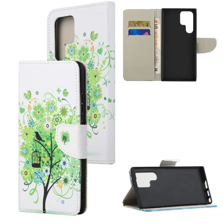 For Samsung Galaxy S24 Ultra Case Pattern Leather Flip Phone Cover - Green Tree