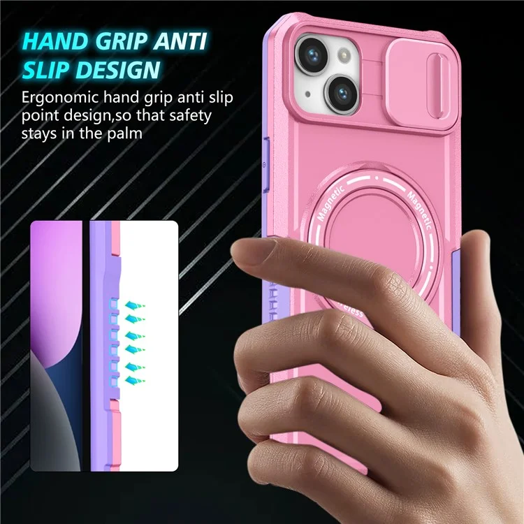 For iPhone 14 Plus Case with Sliding Camera Cover Kickstand Magnetic Phone Shell - Purple / Pink