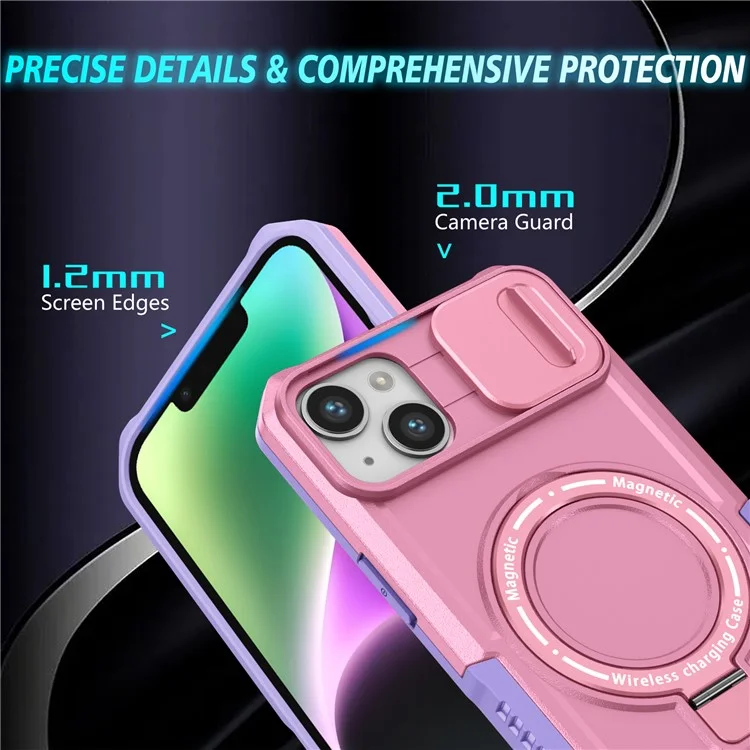 For iPhone 14 Plus Case with Sliding Camera Cover Kickstand Magnetic Phone Shell - Purple / Pink