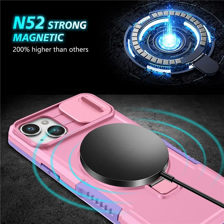 For iPhone 14 Plus Case with Sliding Camera Cover Kickstand Magnetic Phone Shell - Purple / Pink