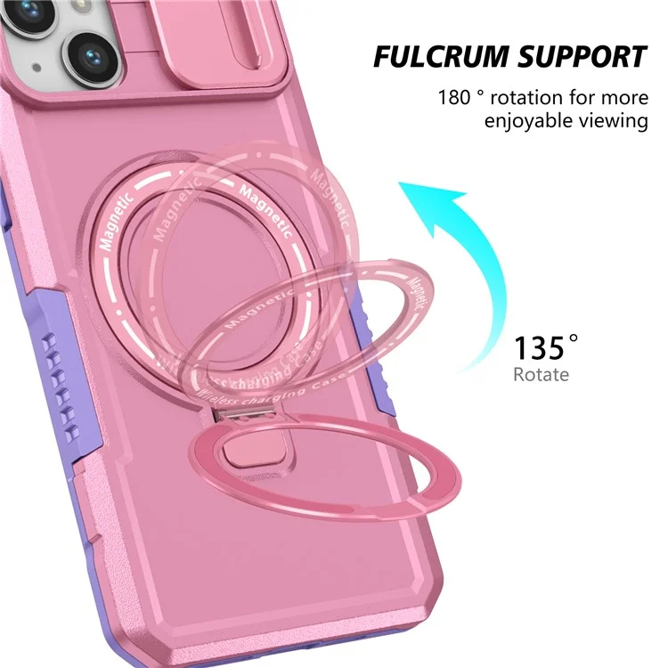 For iPhone 14 Plus Case with Sliding Camera Cover Kickstand Magnetic Phone Shell - Purple / Pink