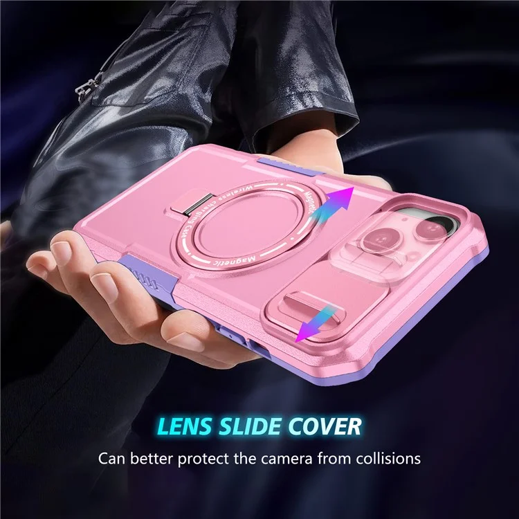 For iPhone 14 Plus Case with Sliding Camera Cover Kickstand Magnetic Phone Shell - Purple / Pink