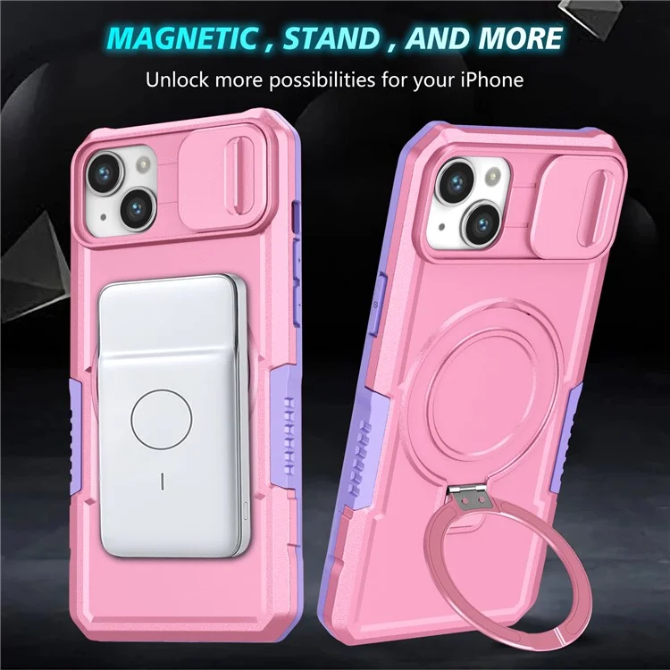 For iPhone 14 Plus Case with Sliding Camera Cover Kickstand Magnetic Phone Shell - Purple / Pink