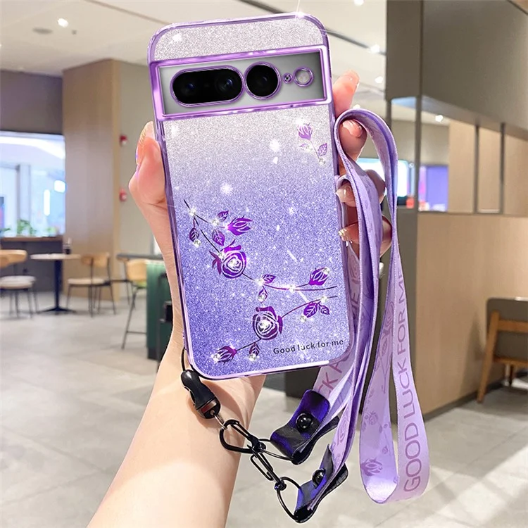 KADEM для Google Pixel 7 Pro 5G Чехол Anti-scratch Сотовый телефон Glitter TPU Крышка со шнуром - Пурпурный