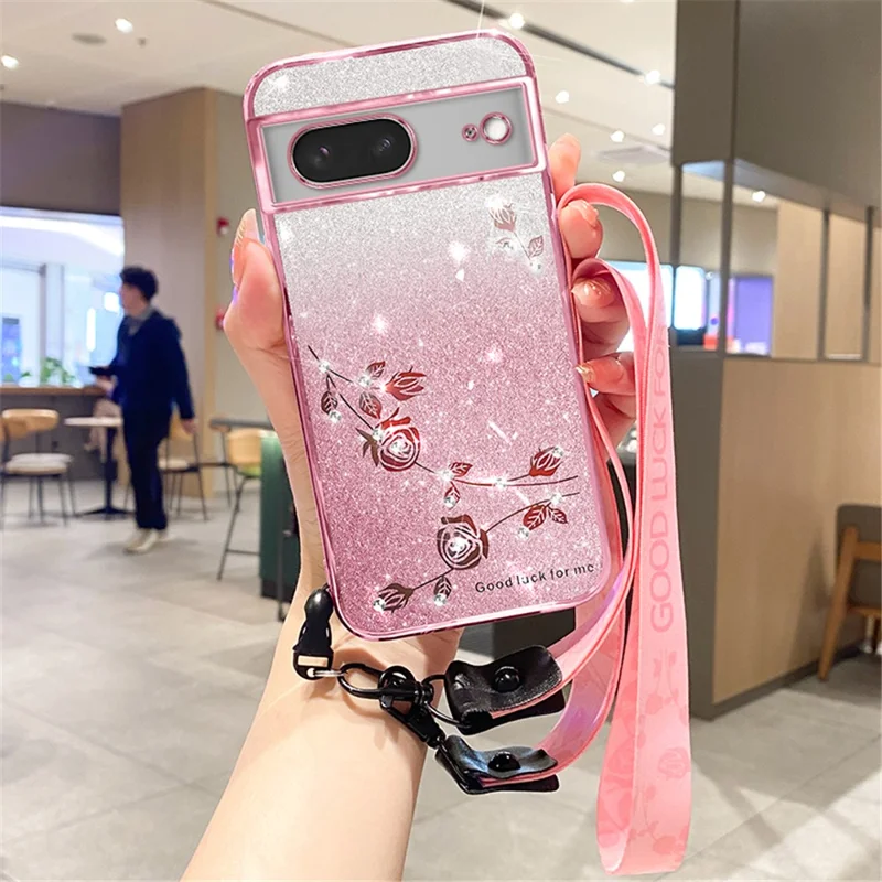 KADEM For Google Pixel 8 Case TPU Glitter Smartphone Back Cover with Strap - Rose Gold